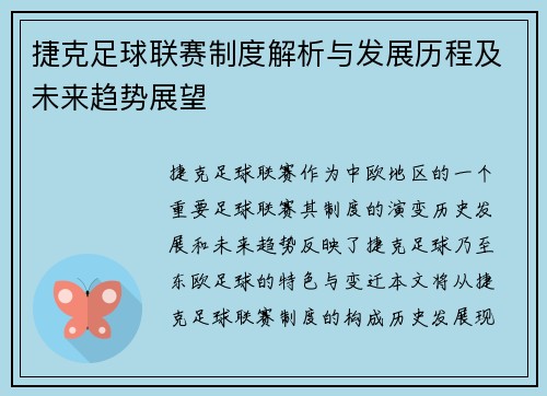 捷克足球联赛制度解析与发展历程及未来趋势展望