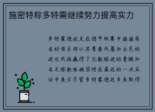 施密特称多特需继续努力提高实力