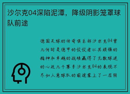 沙尔克04深陷泥潭，降级阴影笼罩球队前途