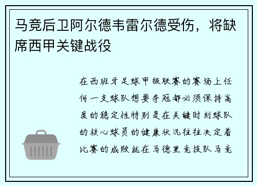 马竞后卫阿尔德韦雷尔德受伤，将缺席西甲关键战役